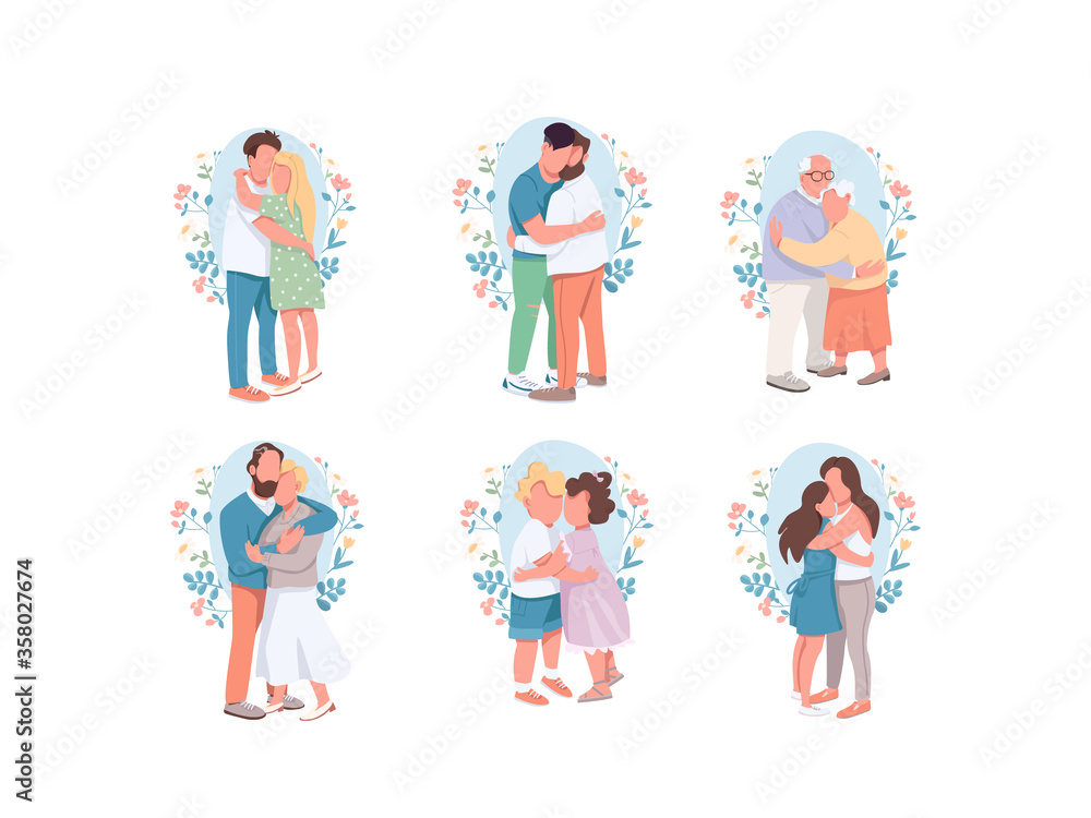 Poster hugging flat color vector faceless characters set