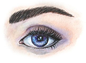 Obraz premium Watercolor drawing of a blue eye with cilia and eyebrow