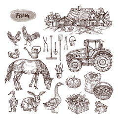 Vector hand drawn set - rural landscape, farm animals, tools