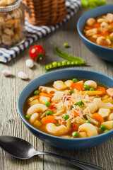 Minestrone soup with pasta and cheese.