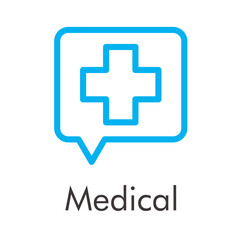 Fototapeta premium Concepto asistencia sanitaria. Logo Medical lineal con cruz en burbuja de habla en color azul