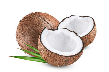 Coconut with half and leaves isolated on white background as package design element