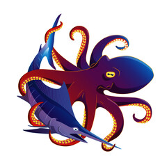 Giant octopus fights against blue marlin in the ocean