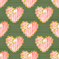 Seamless pattern with funny hearts. Watercolor texture.