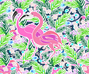 Tropical summer background with palm leaves, exotic flowers, flamingoes. Vector seamless pattern for pareo, pillow, home textile design, shawl print, textile, covers.