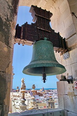 Obraz premium The city of Cadiz viewed from the belfry in the Poniente (west) tower of Cadiz cathedral. The Catedral de Santa Cruz de Cadiz is a Roman Catholic church in Cadiz