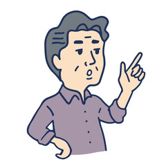 指差しながら説明する中年男性の上半身