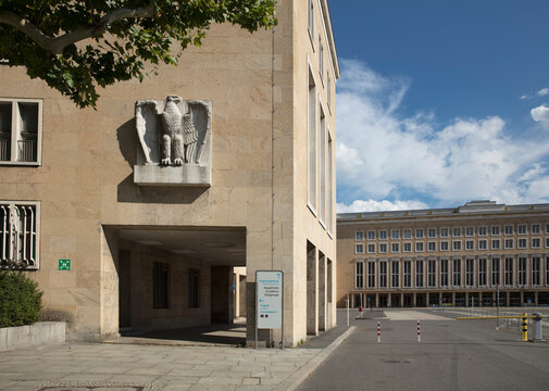 tempelhof Airfield, Berlin, Germany: 15th August 2018: Eagle carving on display in Eagle Square on the former airfield terminal