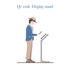 Fototapeta premium Working men holding a smartphone that is scanning the code on the qr code display stand and isolated background. Vector illustration