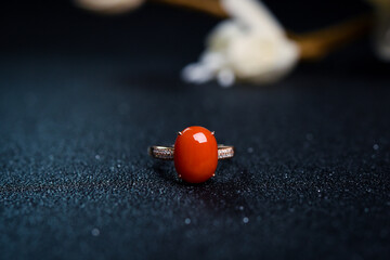 Women's jewelry Ring with big red coral