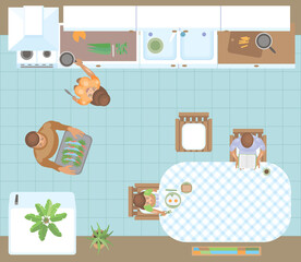 Isolated Vector Illustration. Family in the kitchen. (view from above) Kitchen table and chairs, stove, sink, cupboards, fridge, people. Top view.