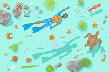 Vector illustration. Diving at the bottom of the sea. (Top view) 
Diver, rocks, fish, turtle, crab, stars, shells. (View from above)