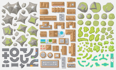 Vector set. Urban and landscape elements. Top view. 
Mountains, hills, roads, houses, stones, forest, river. View from above.