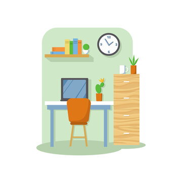 Office interior in flat cartoon style. A desktop with a laptop and a document cabinet with flowers and a mug. A clock and a bookshelf are hanging on the wall. Stock vector illustration isolated.