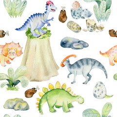 Watercolor cute dinosaurs.