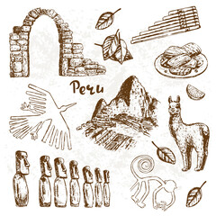 Hand drawn sketch illustration Peru on a white background - obrazy, fototapety, plakaty