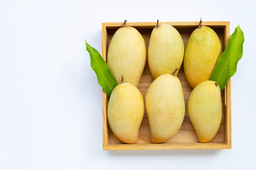 Tropical fruit, Mango in wooden box on white background.
