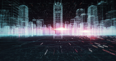 Fototapeta premium Futuristic Developed City. Computer Network And Data Skyscrapers. Smart City And Technology Business Concept. 3D Illustration Render.