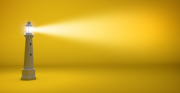 light beam of a lighthouse isolated on a yellow background with copy space
