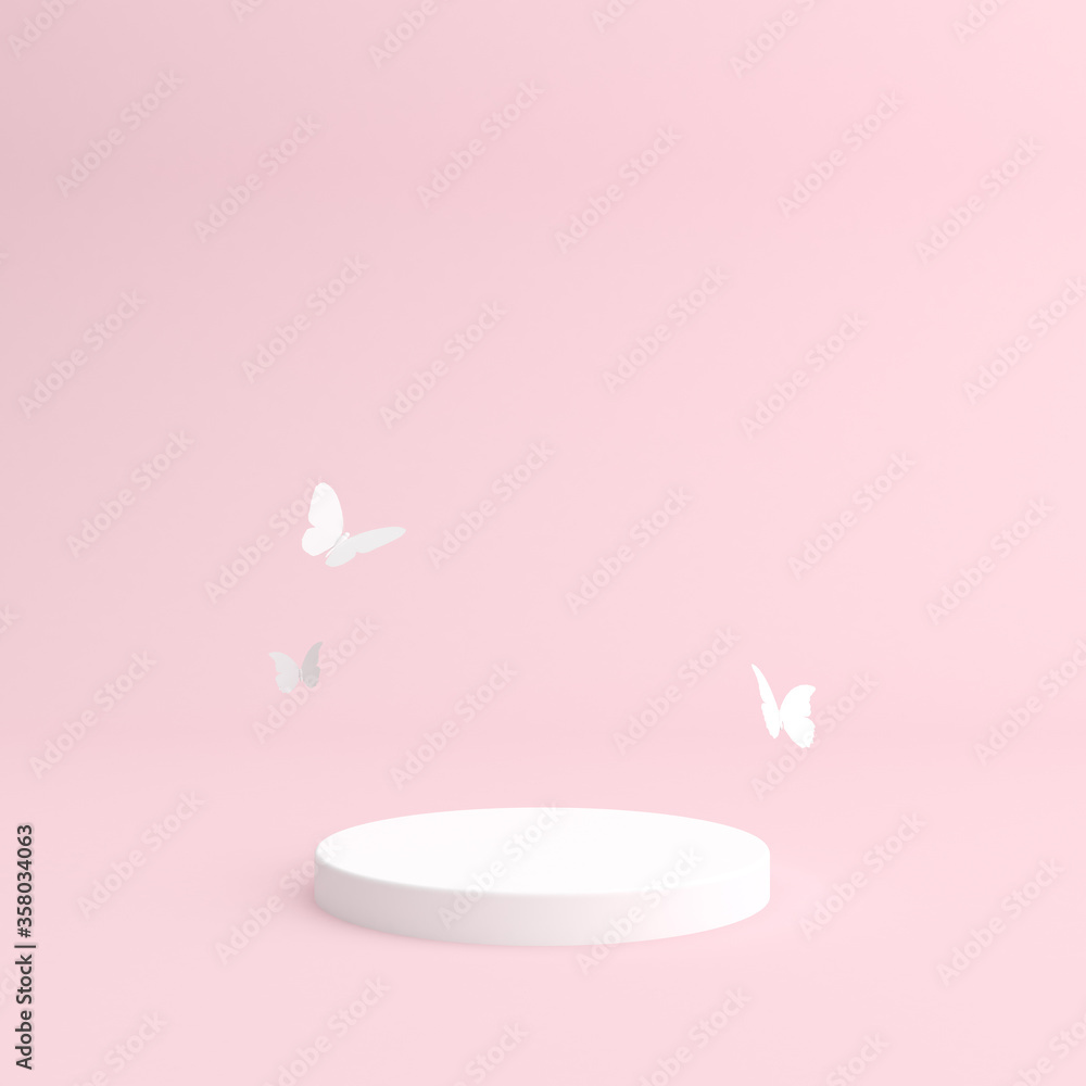 Aufkleber mock up of white podium and butterfly on pink background. minimal style. 3d rendering.