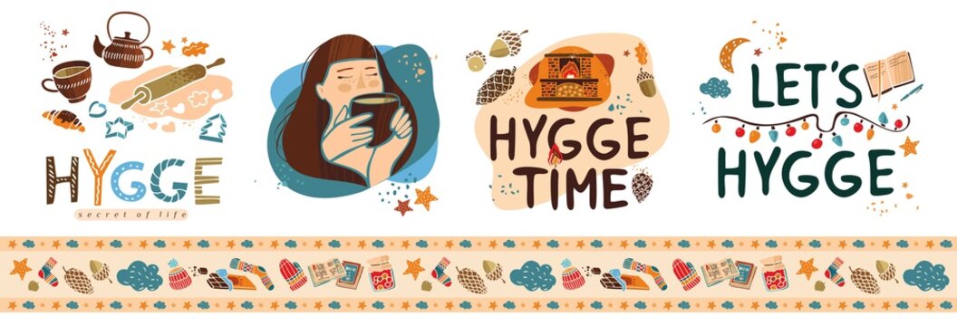 Hygge symbols and elements of the Scandinavian way of a happy life. Making invitations, posters, banners for parties in the Danish style. Printing on textiles for the kitchen. Vector illustration