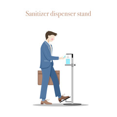 Working men using sanitizer dispenser with foot operated to avoid touching with hand for prevent infection of Covid-19 virus and isolated background. Vector illustration