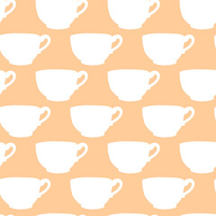Seamless pattern with brown beige polka dots cups. Hand drawn simple kitchen supplies. Food and drink Vector illustration. For background, packaging, home decoration, kitchen textiles, menu, cafe