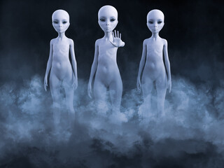 3D rendering of three aliens appearing in smoke.