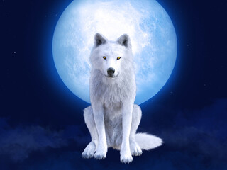 3D rendering of a majestic white wolf in moonlight.