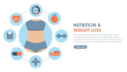 Slim woman body surrounding with health icons on white background with copy space. Healthy lifestyle, weight loss and nutrition diet consultation concept.