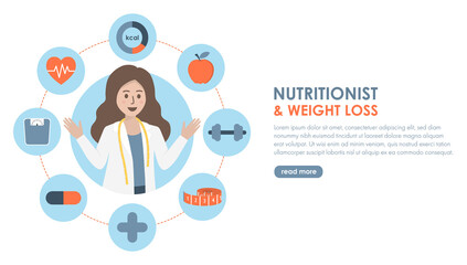 Female nutritionist doctor with health icons. Diet consultation, nutrition plan and weight loss concept. 