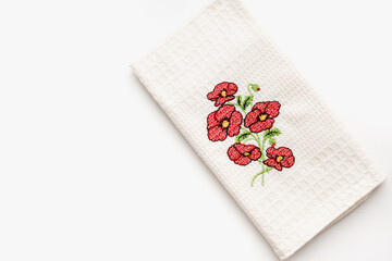towel with flowers on a white background, tea towel with embroidery