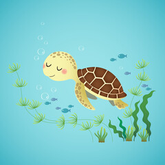 Vector illustration of a cute cartoon sea turtle swimming in the deep blue ocean.