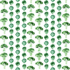 Watercolor seamless pattern with different types of cabbage. Brussels sprouts, broccoli 