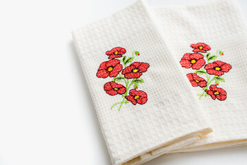 towel with flowers on a white background, tea towel with embroidery