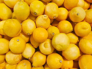 Ripe yellow lemons close-up background or Texture. Lemon Harvest, many yellow lemons.