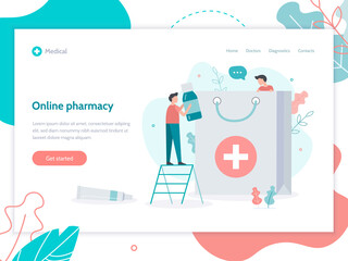 Fototapeta na wymiar Online pharmacy. Home delivery drugs. Medical flat vector illustration. Web page design template. 