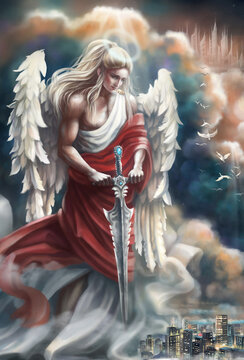 A fair-haired angel in antique clothing and a red robe with a sword in his hands descended from heaven from the upper world and watches people on the planet Earth. guardian angel. Digital illustration