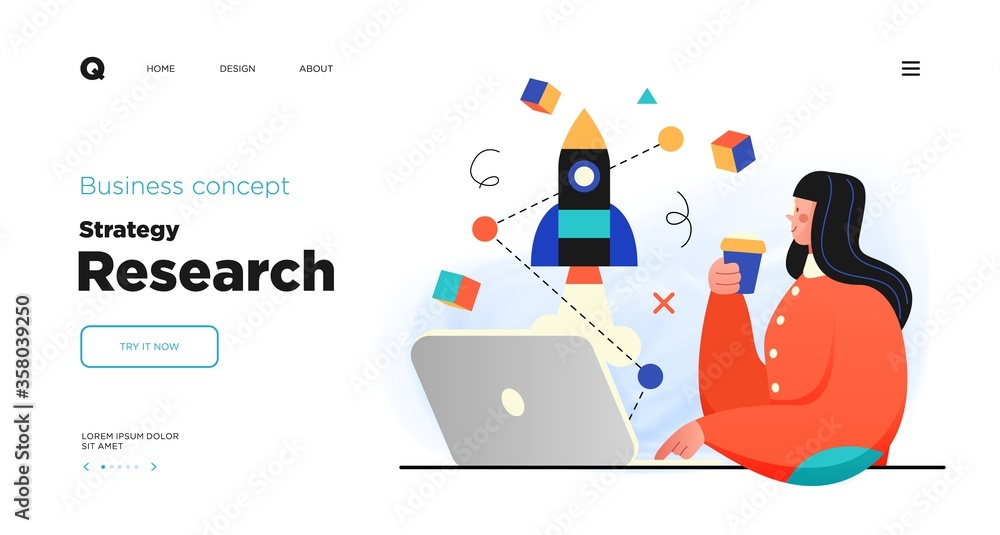 Poster science research website landing page template design. concept of scientist character making researc