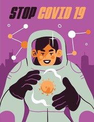 Fight with Coronavirus concept. Illustration of a doctor fighting with covid-19 corona virus. Disease campaign poster