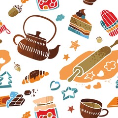 Seamless pattern with kitchen utensils. Scandinavian Danish hygge symbols for printing on fabric, Wallpaper, towel. Invitation to a house party with cake and tea. cute cartoon vector illustration