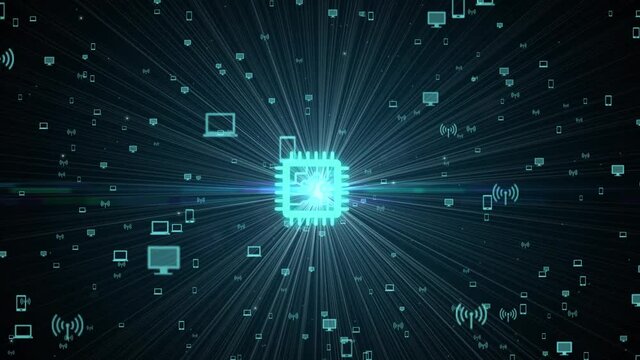 Internet of things - IOT concept. Businessman offer IOT products and solutions. Young businessman  select the abstract chip with text IoT on the virtual display.