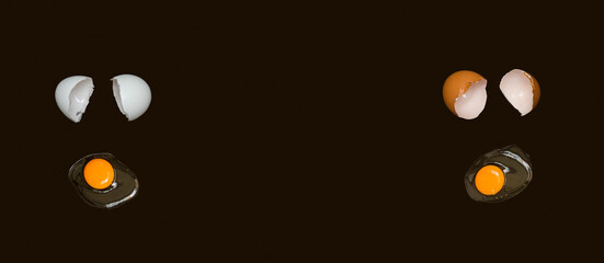 Motivational poster against racism and discrimination. Dark and light broken chicken eggs and raw white with yolk. Black background. Free space for text.