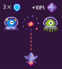 War of ufo and spaceship, ship shooting, screen of video-game, bomb of monster, cosmic object on purple, fly element, pixel game, rocket with laser vector