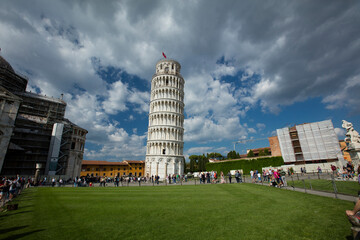 A view of the medieval belltower of Pisa Cathedral, commonly know as The Leaning Tower of Pisa....