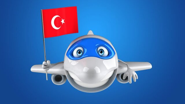 Fun 3D cartoon plane character with a turkish flag