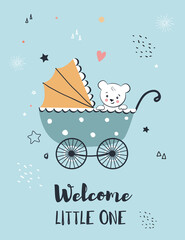 Baby shower greeting with  cute little bear in baby carriage.