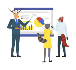 Presentation of deer vector, hipster animals at work, raccoon lady looking at whiteboard with information, proposing ideas. Working process company