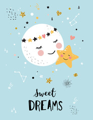 Fototapeta na wymiar Cute moon and little star, Baby Shower invitation. Sweet dreams card, Nursery poster, kids t-shirt print.
