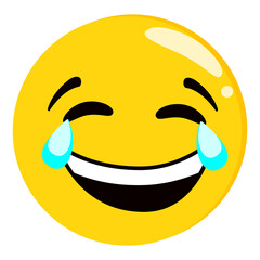 Yellow crying and laughing emoji isolated on white background. Emoticon or emoticon icon. Cute and funny round face expression smiling with tears for tex messages flat design vector illustration